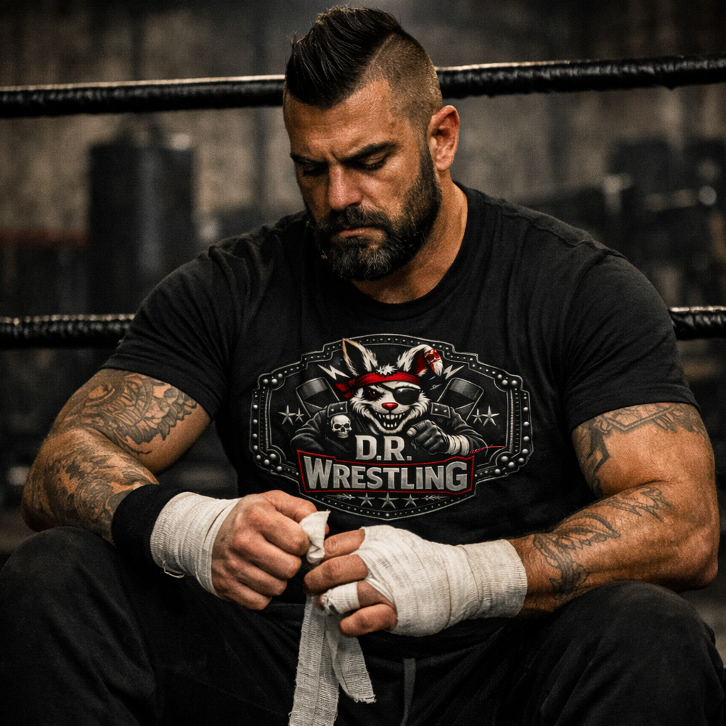 D.R. Wrestling Belt‑Plate Tee — Outlaw Rabbit Mascot | Americana Punk Combat Shirt