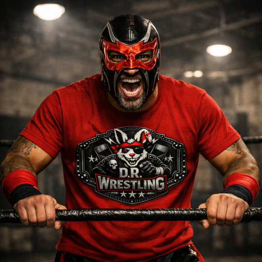 D.R. Wrestling Belt‑Plate Tee — Outlaw Rabbit Mascot | Americana Punk Combat Shirt