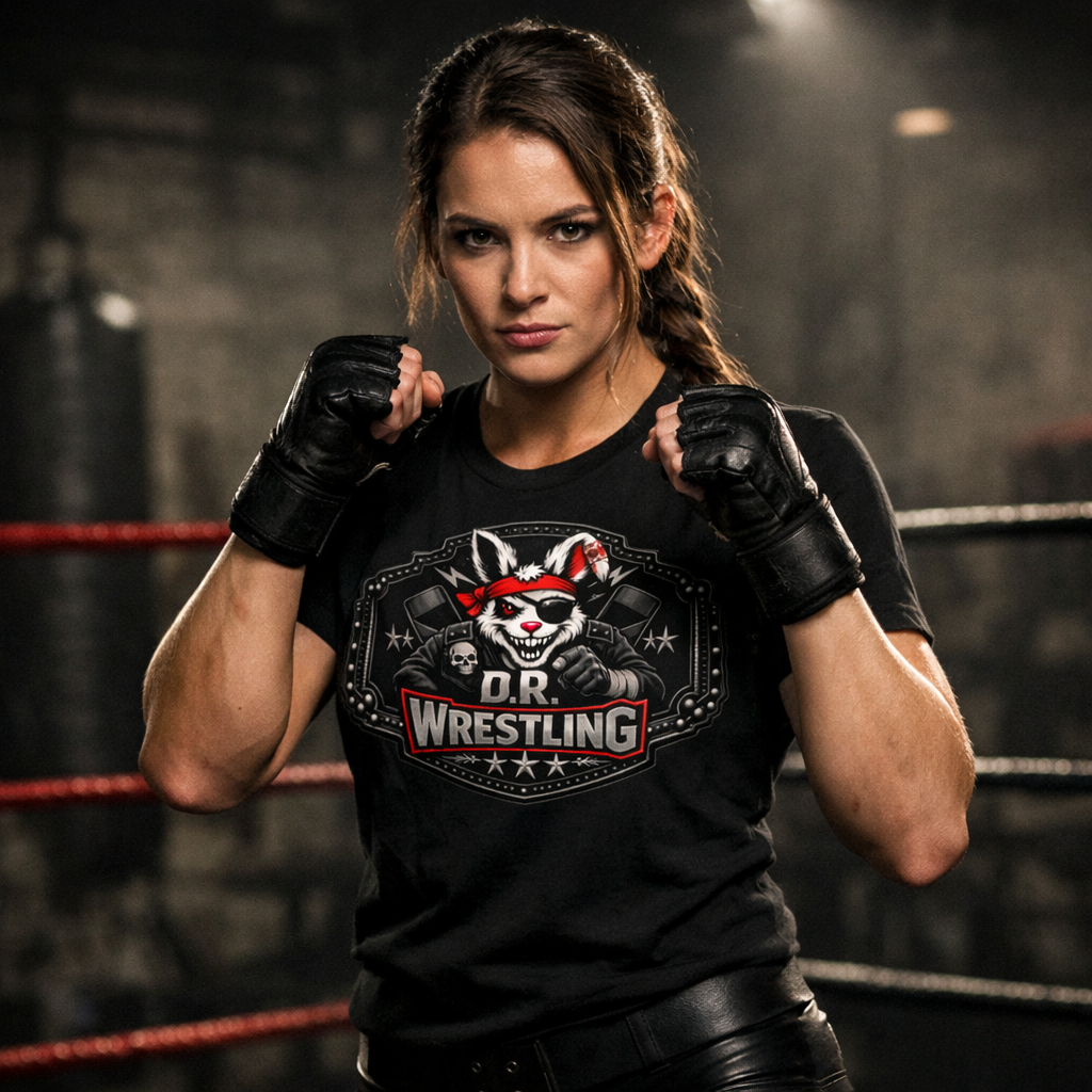 D.R. Wrestling Belt‑Plate Tee — Outlaw Rabbit Mascot | Americana Punk Combat Shirt