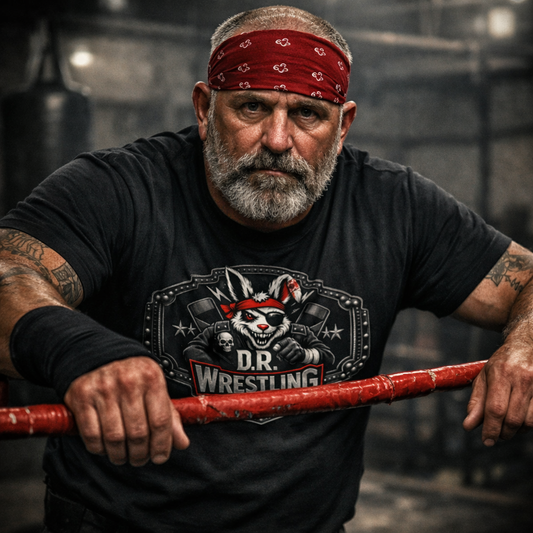 D.R. Wrestling Belt‑Plate Tee — Outlaw Rabbit Mascot | Americana Punk Combat Shirt