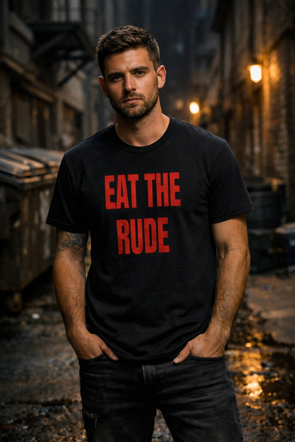 DR © Eat The Rude Tee – Bold Red Lettering Streetwear Graphic Shirt