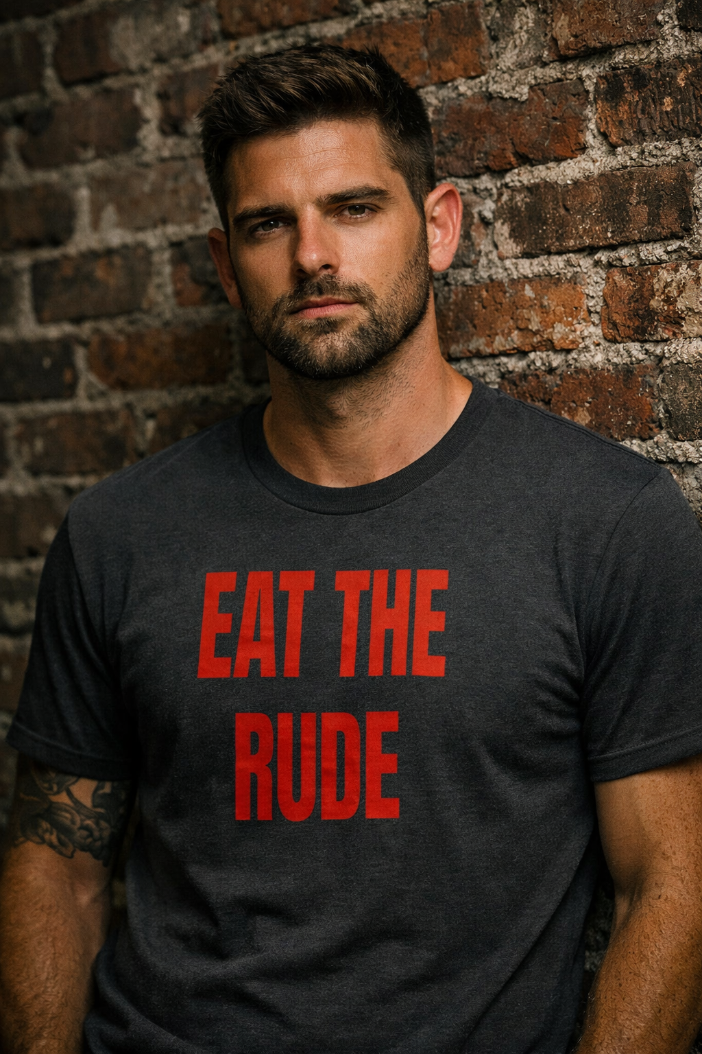DR © Eat The Rude Tee – Bold Red Lettering Streetwear Graphic Shirt