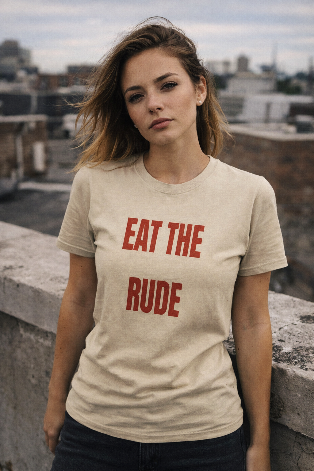 DR © Eat The Rude Tee – Bold Red Lettering Streetwear Graphic Shirt