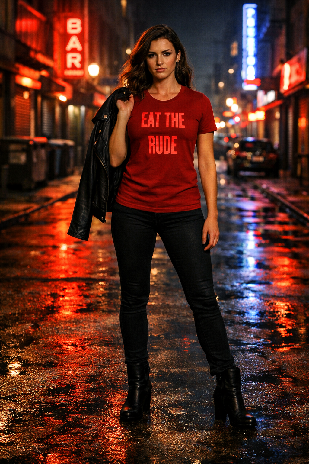 DR © Eat The Rude Tee – Bold Red Lettering Streetwear Graphic Shirt