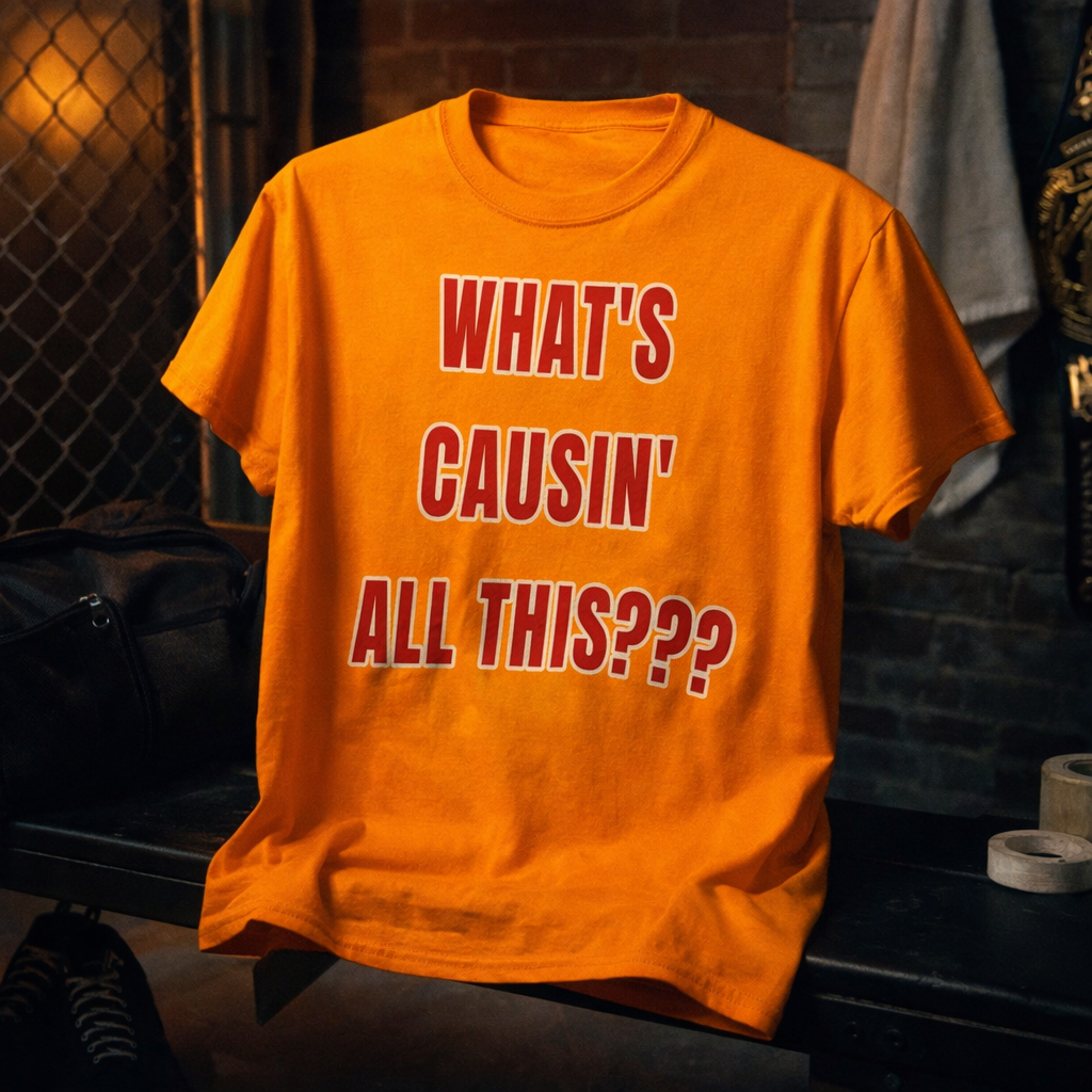 What’s Causin’ All This Wrestling Promo Tee – Retro Hype Catchphrase Shirt | Bold Arena‑Style Typography | DaddyRabbit Original