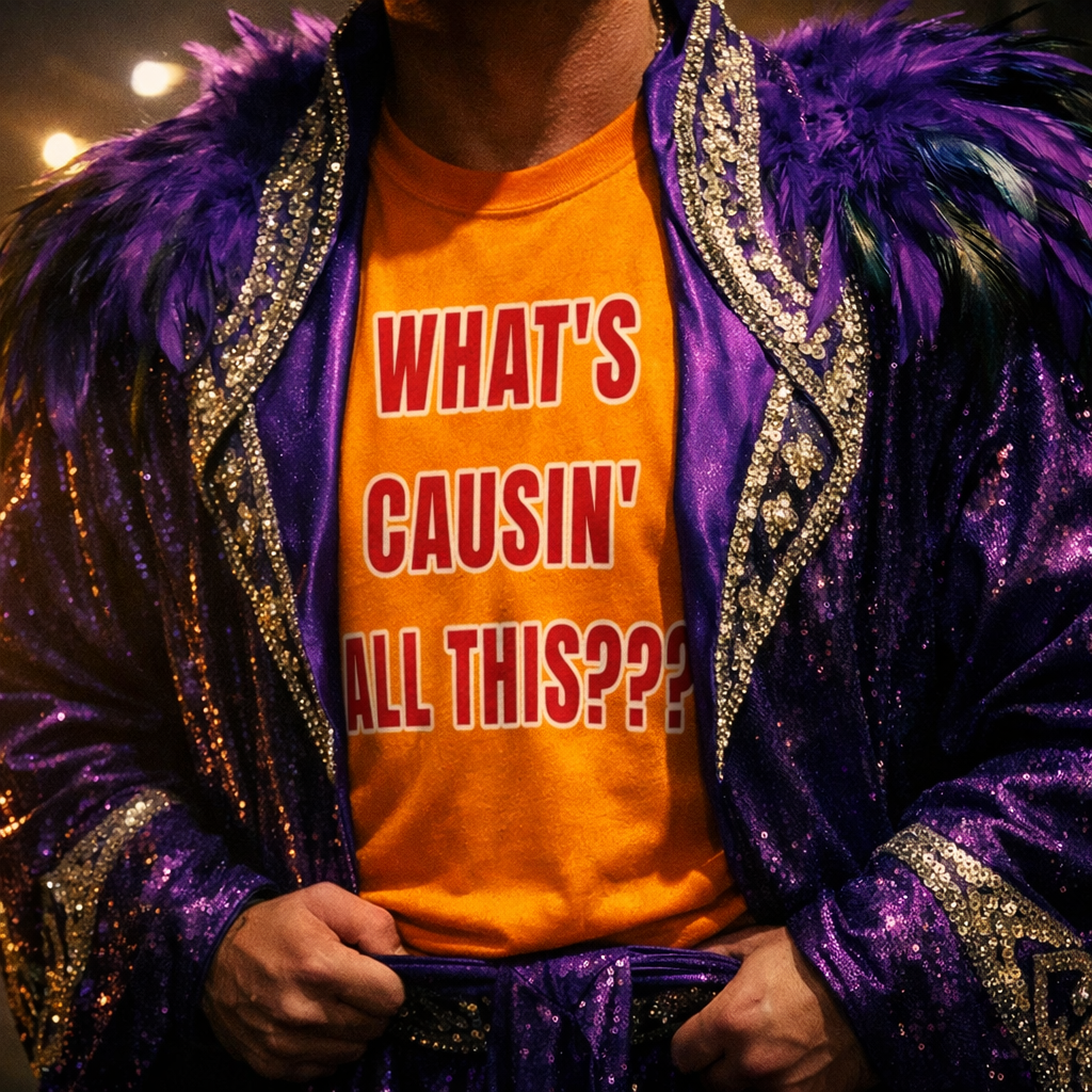 What’s Causin’ All This Wrestling Promo Tee – Retro Hype Catchphrase Shirt | Bold Arena‑Style Typography | DaddyRabbit Original