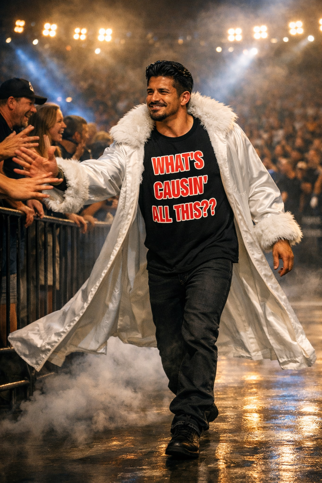 What’s Causin’ All This Wrestling Promo Tee – Retro Hype Catchphrase Shirt | Bold Arena‑Style Typography | DaddyRabbit Original