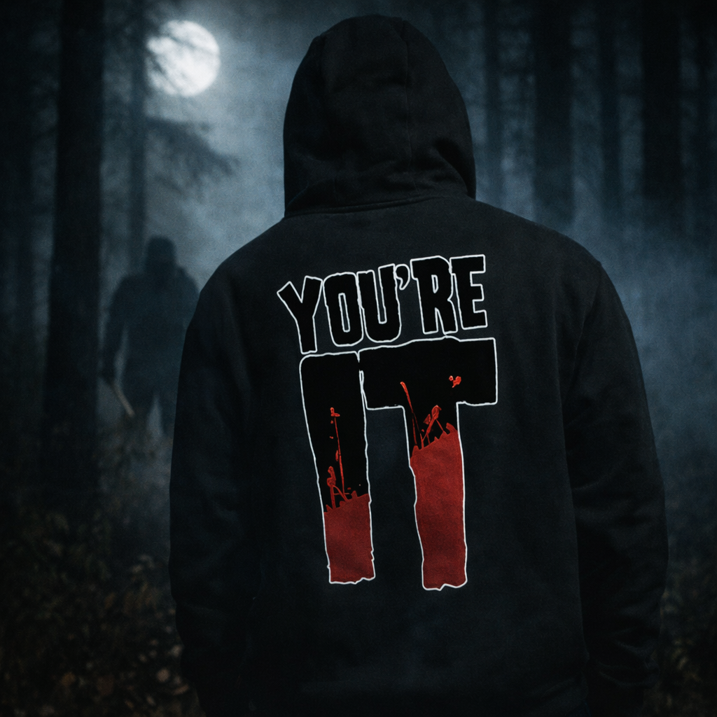 YOU’RE IT Slasher Hoodie — DR Badge Front, Horror Logo Back