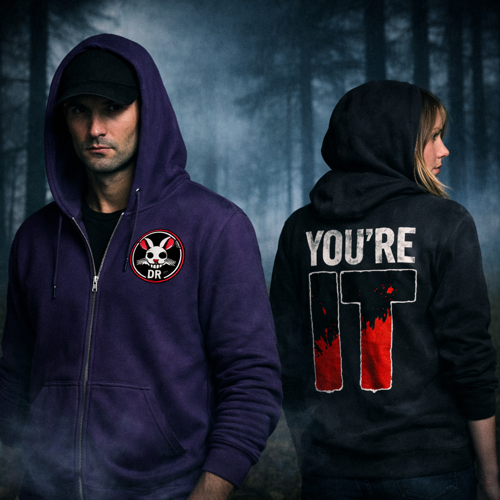 YOU’RE IT Slasher Hoodie — DR Badge Front, Horror Logo Back