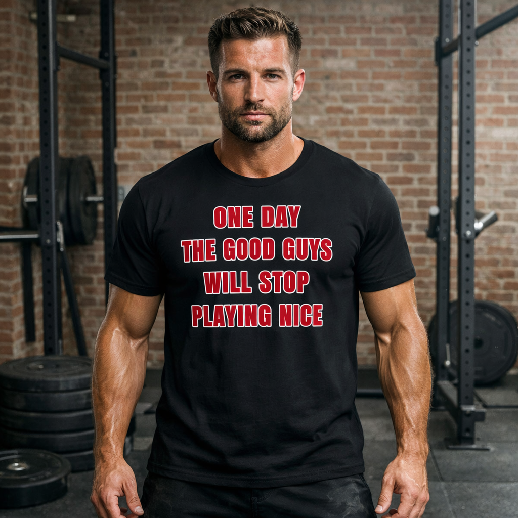 Combat Line Old‑Warrior “Good Guys Will Stop Playing Nice” Shirt — Gritty Battle‑Scarred Men’s Graphic Tee | Tough Guy Combat Apparel