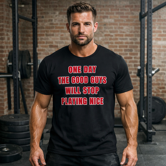 Combat Line Old‑Warrior “Good Guys Will Stop Playing Nice” Shirt — Gritty Battle‑Scarred Men’s Graphic Tee | Tough Guy Combat Apparel