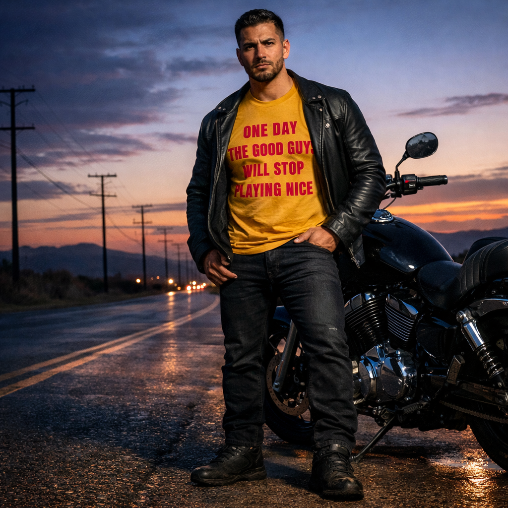 Combat Line Old‑Warrior “Good Guys Will Stop Playing Nice” Shirt — Gritty Battle‑Scarred Men’s Graphic Tee | Tough Guy Combat Apparel